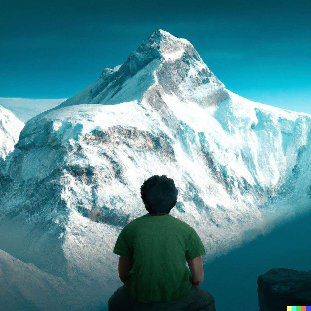 someone gazing at Mount Everest, digital art, faux-3D style